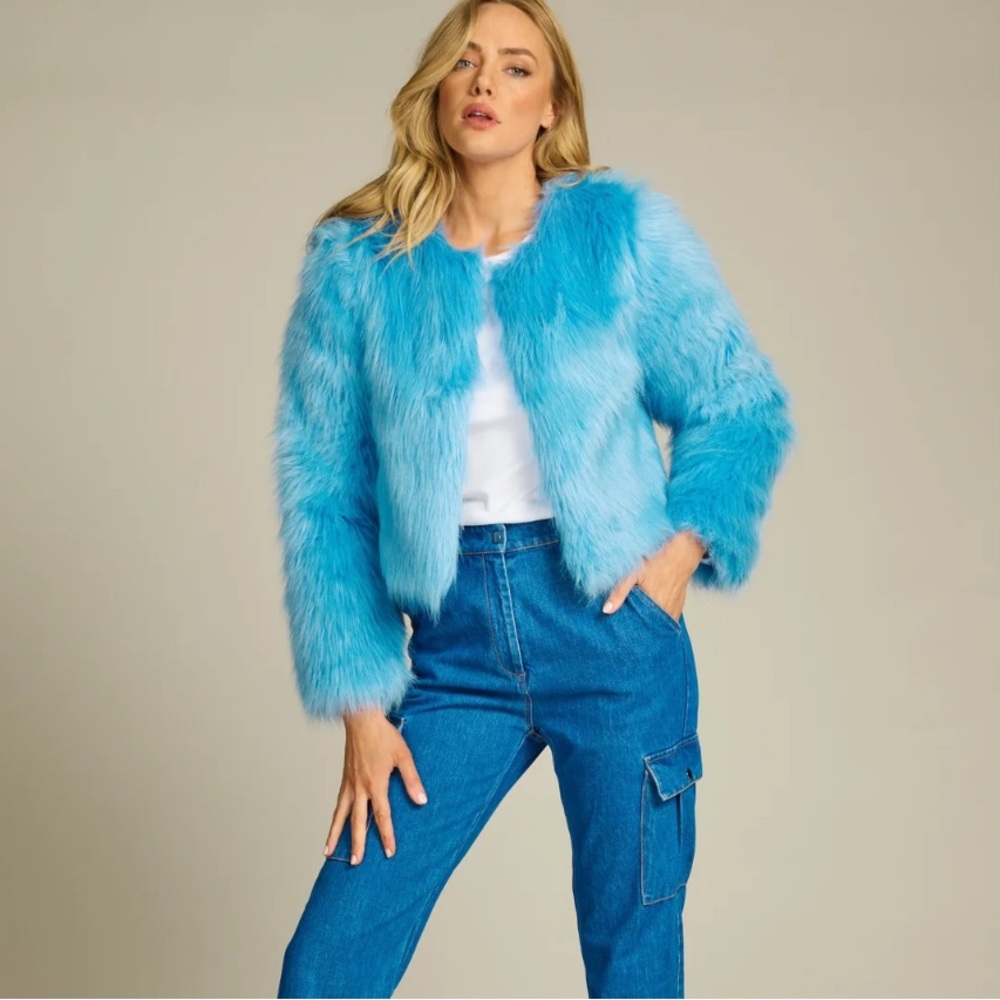 Revolve eaves faux fur blue cropped jacket